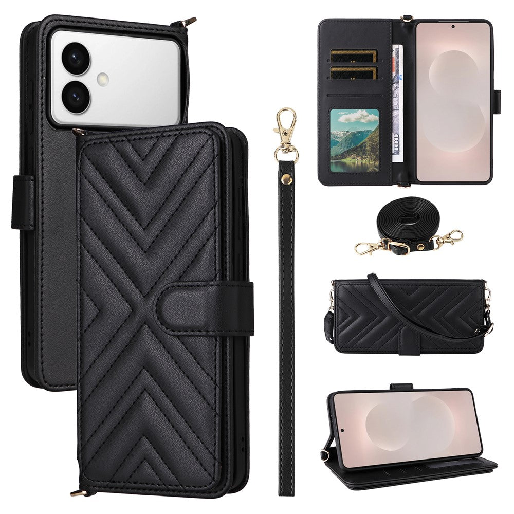 For-Samsung-Galaxy-S26-Edge-Case-with-Shoulder-/-Wrist-Strap-Leather-Phone-Cover-Stand-Wallet-Black
