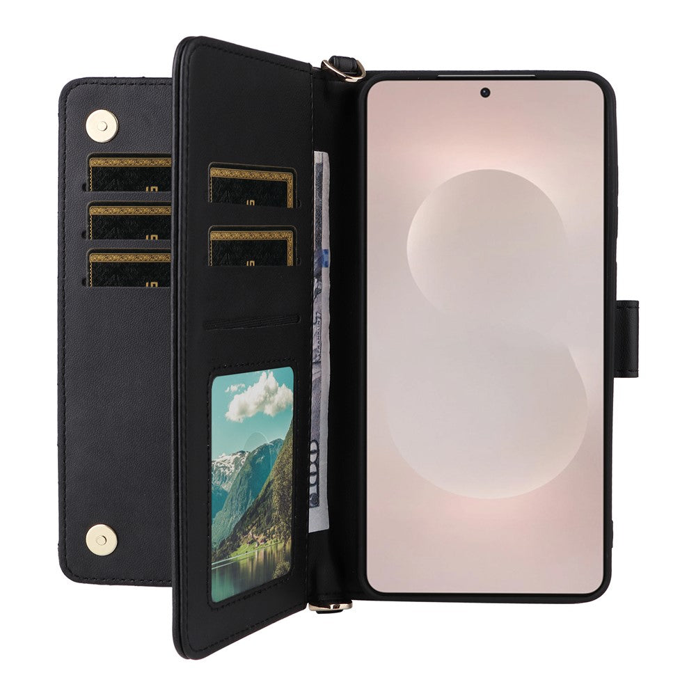 For-Samsung-Galaxy-S26-Edge-Case-with-Shoulder-/-Wrist-Strap-Leather-Phone-Cover-Stand-Wallet-Black