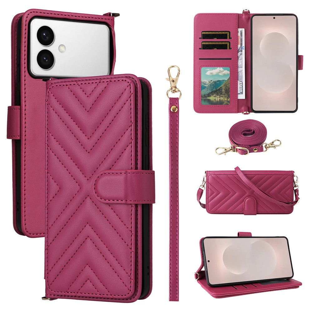 For-Samsung-Galaxy-S26-Edge-Case-with-Shoulder-/-Wrist-Strap-Leather-Phone-Cover-Stand-Wallet-Rose