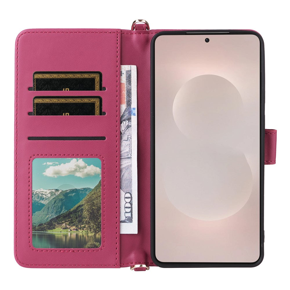 For-Samsung-Galaxy-S26-Edge-Case-with-Shoulder-/-Wrist-Strap-Leather-Phone-Cover-Stand-Wallet-Rose