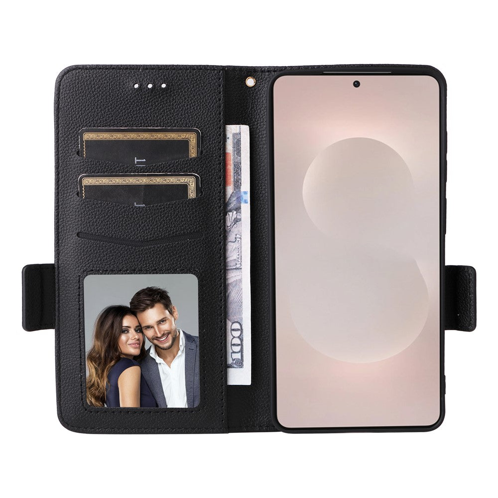 For-Samsung-Galaxy-S26-Edge-Case-Litchi-Texture-Wallet-Leather-Phone-Cover-with-Wrist-Strap-Black