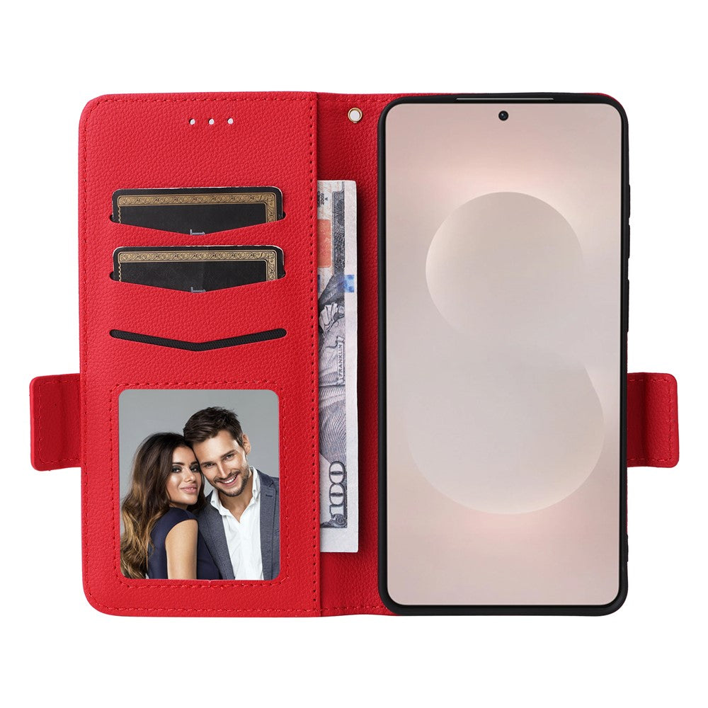 For-Samsung-Galaxy-S26-Edge-Case-Litchi-Texture-Wallet-Leather-Phone-Cover-with-Wrist-Strap-Red