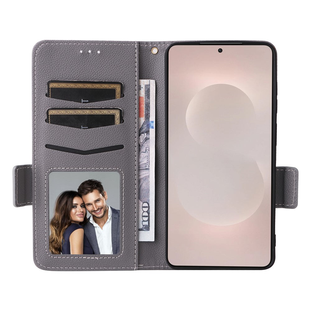 For-Samsung-Galaxy-S26-Edge-Case-Litchi-Texture-Wallet-Leather-Phone-Cover-with-Wrist-Strap-Grey