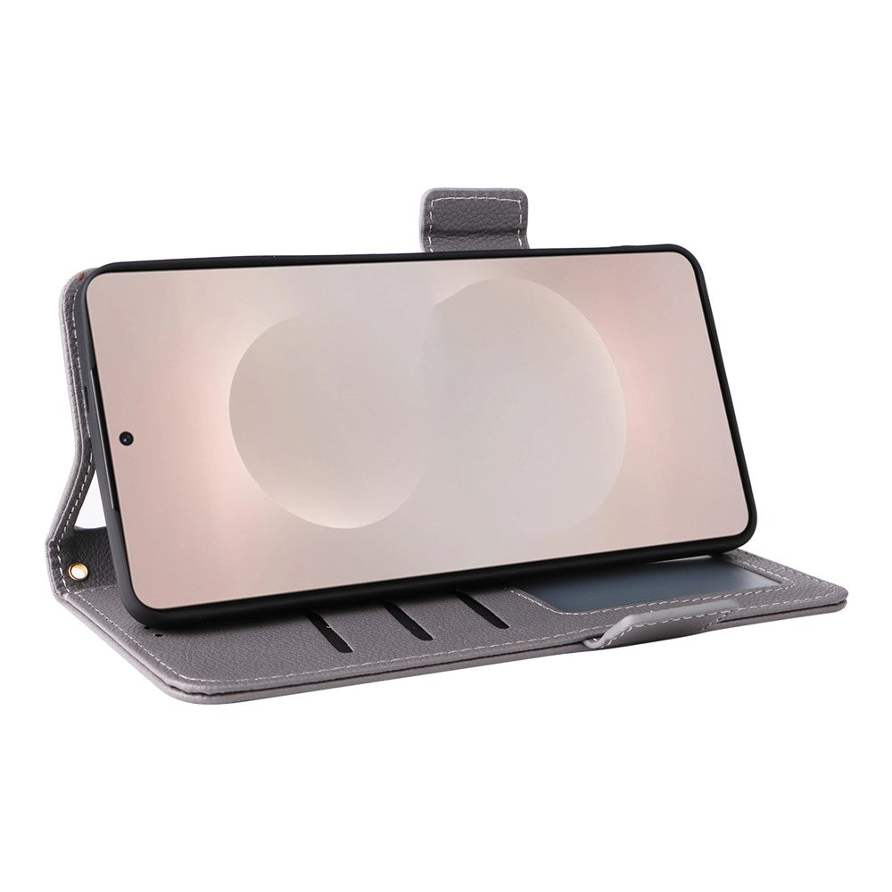 For-Samsung-Galaxy-S26-Edge-Case-Litchi-Texture-Wallet-Leather-Phone-Cover-with-Wrist-Strap-Grey