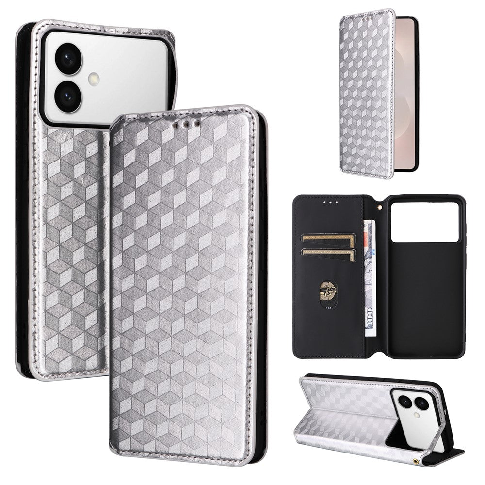 For-Samsung-Galaxy-S26-Edge-Case-Wallet-Rhombus-Imprinted-Leather-Phone-Cover-Silver