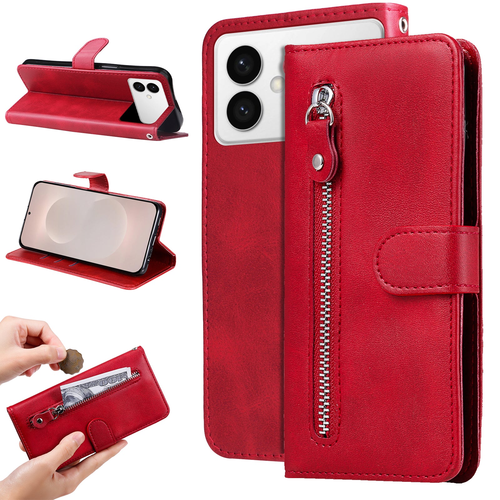 For-Samsung-Galaxy-S26-Edge-PU-Leather-Cases-with-Zipper-Pocket-Wallet-Phone-Cover-Stand-Red