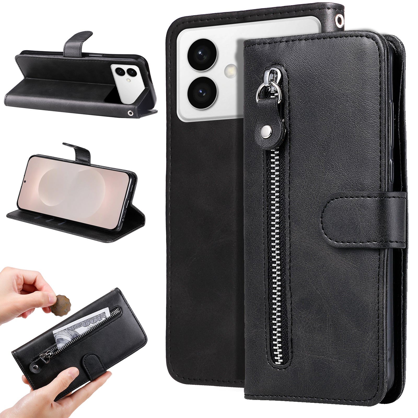 For-Samsung-Galaxy-S26-Edge-PU-Leather-Cases-with-Zipper-Pocket-Wallet-Phone-Cover-Stand-Black