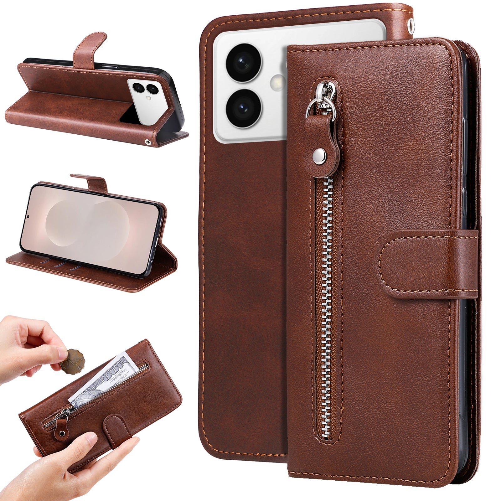 For-Samsung-Galaxy-S26-Edge-PU-Leather-Cases-with-Zipper-Pocket-Wallet-Phone-Cover-Stand-Brown