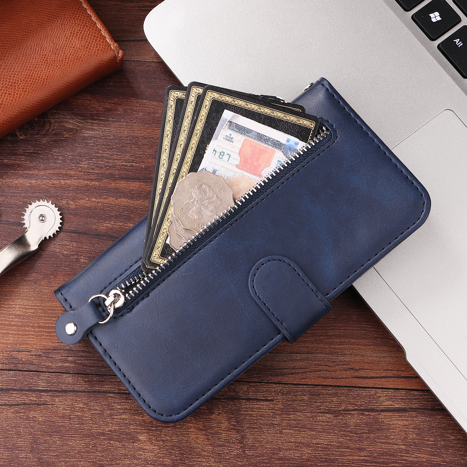 For-Samsung-Galaxy-S26-Edge-PU-Leather-Cases-with-Zipper-Pocket-Wallet-Phone-Cover-Stand-Blue