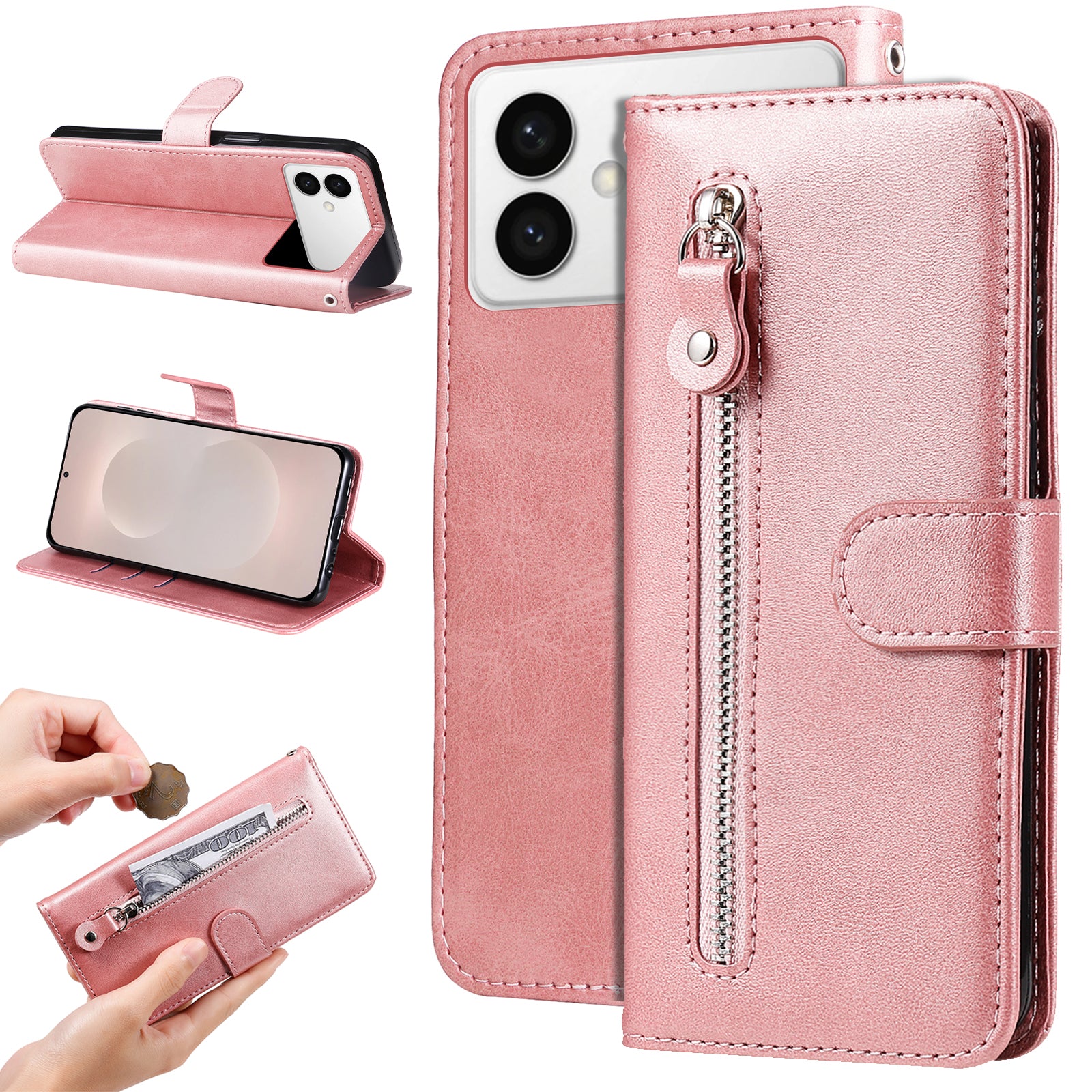 For-Samsung-Galaxy-S26-Edge-PU-Leather-Cases-with-Zipper-Pocket-Wallet-Phone-Cover-Stand-Pink