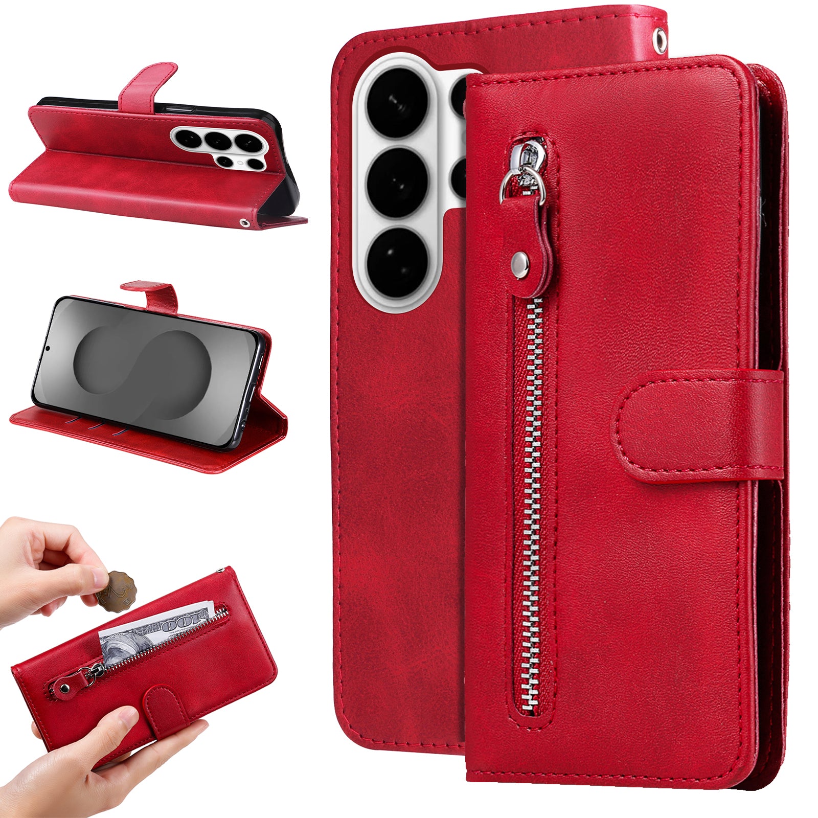 For-Samsung-Galaxy-S26-Ultra-PU-Leather-Cases-with-Zipper-Pocket-Wallet-Phone-Cover-Stand-Red