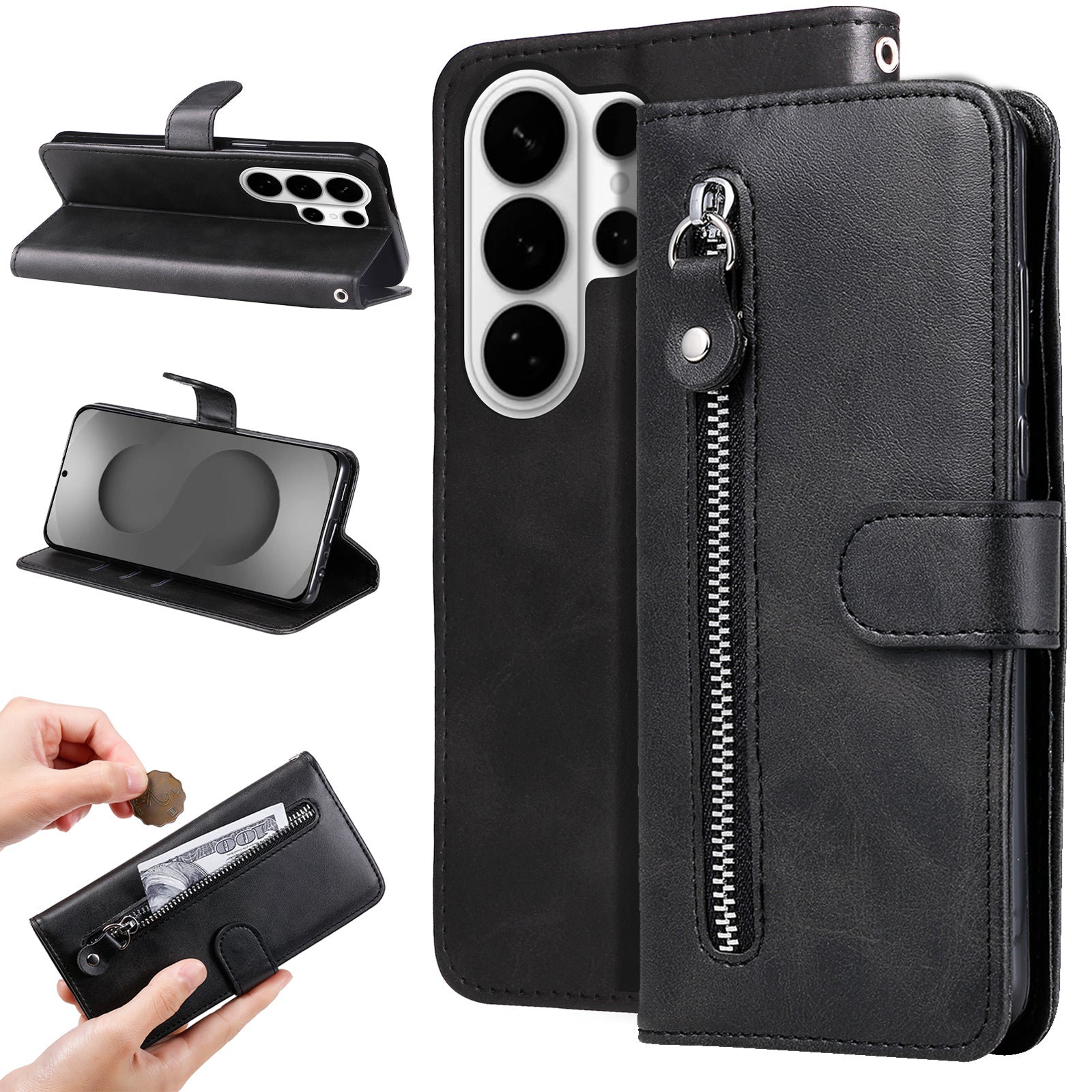 For-Samsung-Galaxy-S26-Ultra-PU-Leather-Cases-with-Zipper-Pocket-Wallet-Phone-Cover-Stand-Black