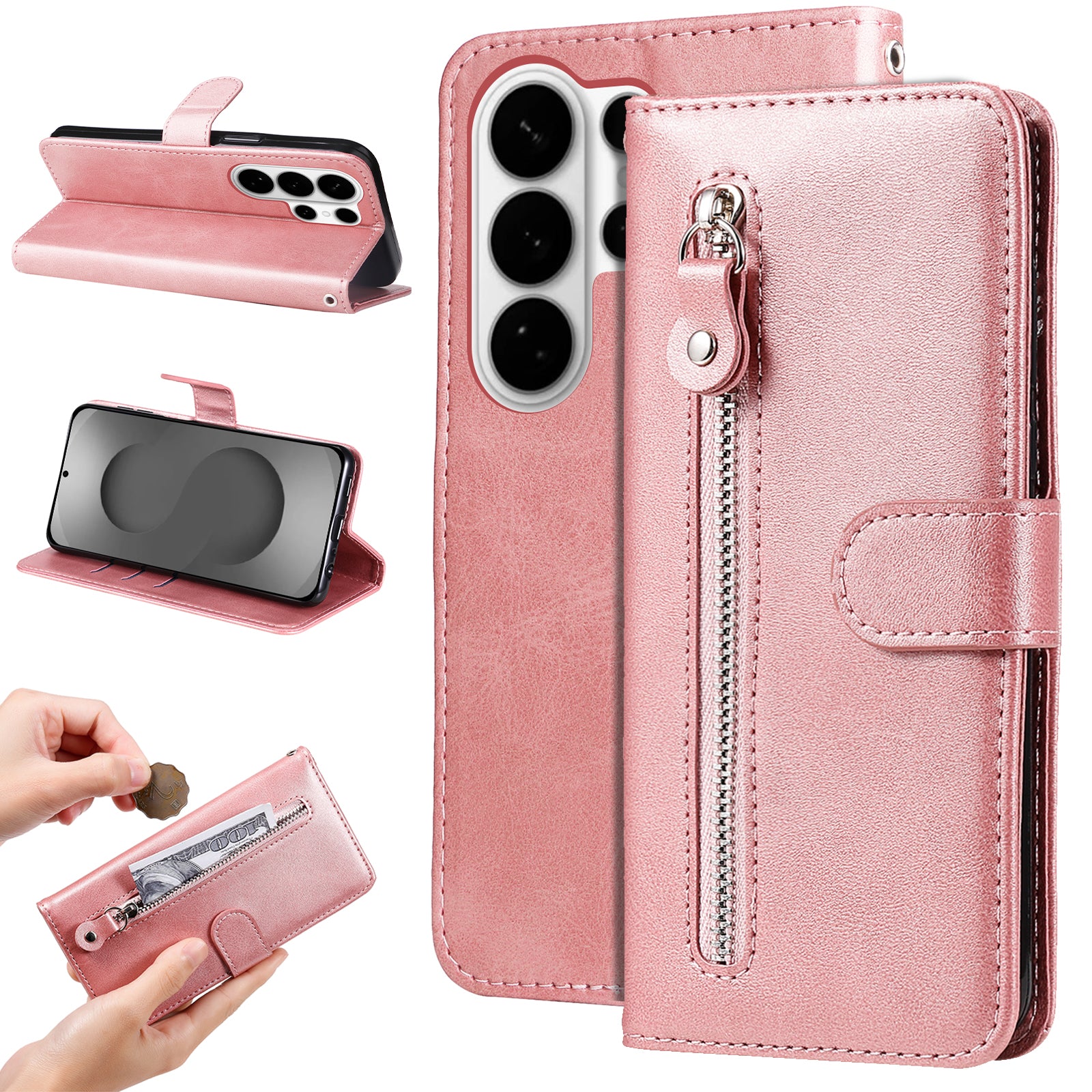 For-Samsung-Galaxy-S26-Ultra-PU-Leather-Cases-with-Zipper-Pocket-Wallet-Phone-Cover-Stand-Pink
