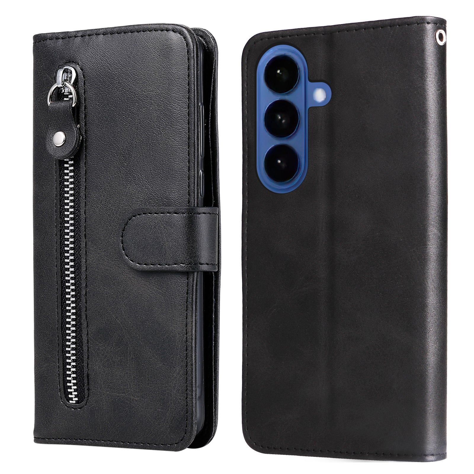 For-Samsung-Galaxy-S26-/-S26-Pro-PU-Leather-Cases-with-Zipper-Pocket-Wallet-Phone-Cover-Stand-Black