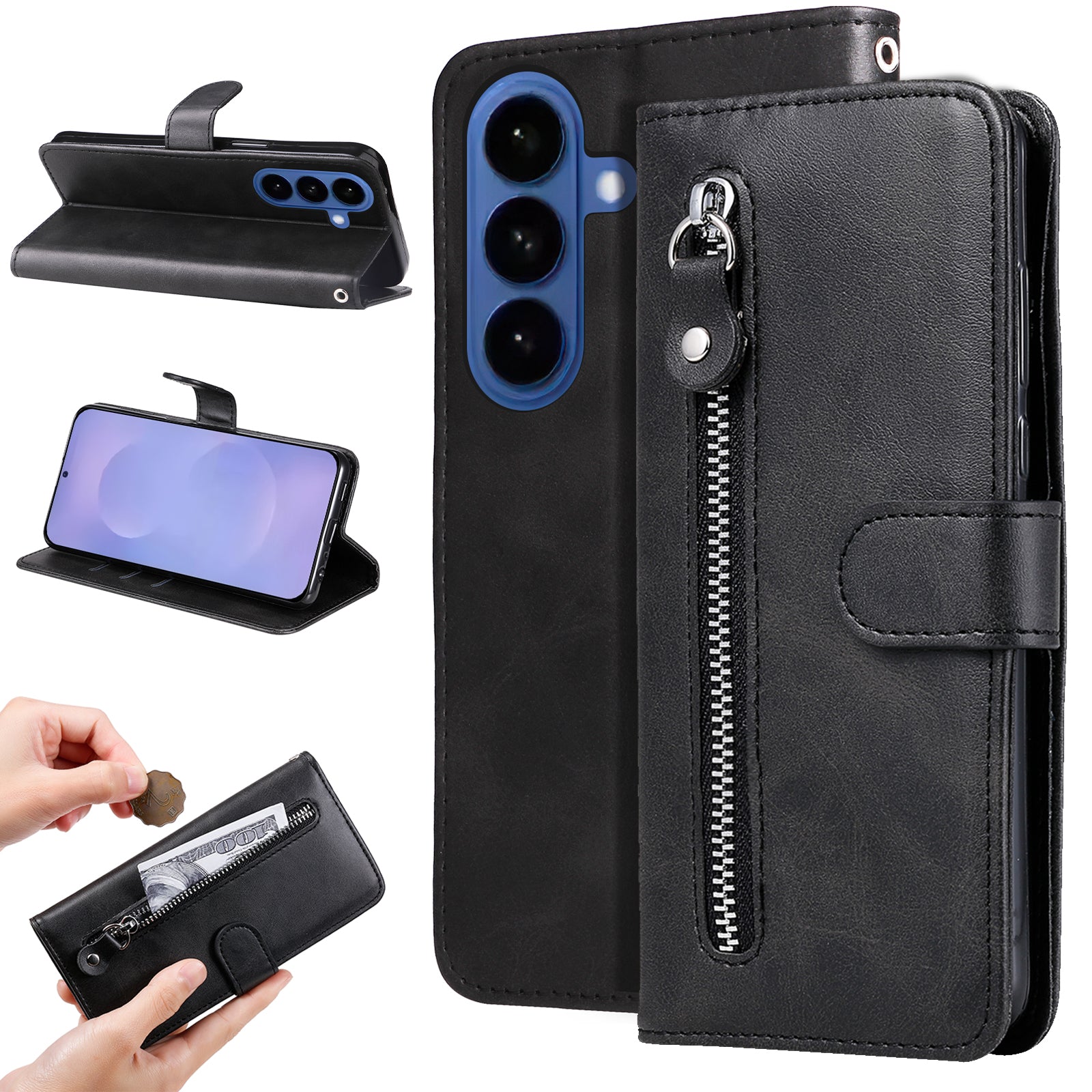 For-Samsung-Galaxy-S26-/-S26-Pro-PU-Leather-Cases-with-Zipper-Pocket-Wallet-Phone-Cover-Stand-Black
