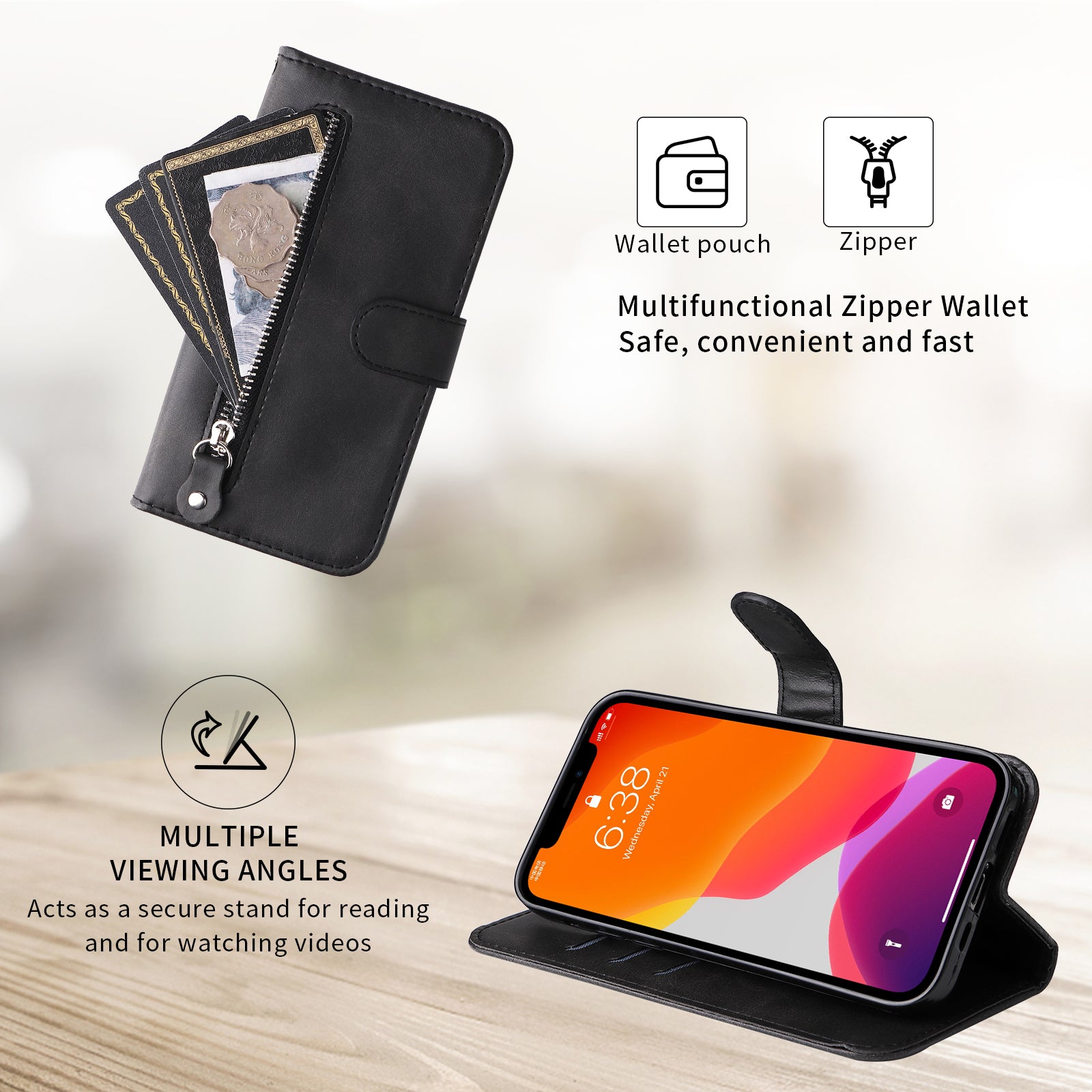 For-Samsung-Galaxy-S26-/-S26-Pro-PU-Leather-Cases-with-Zipper-Pocket-Wallet-Phone-Cover-Stand-Black