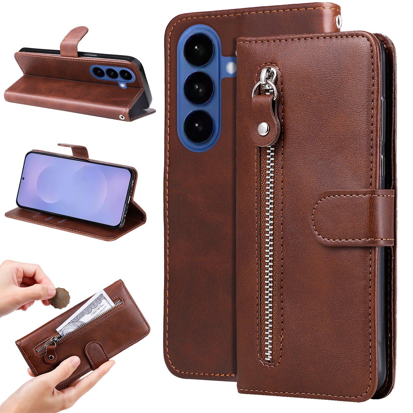 For-Samsung-Galaxy-S26-/-S26-Pro-PU-Leather-Cases-with-Zipper-Pocket-Wallet-Phone-Cover-Stand-Brown