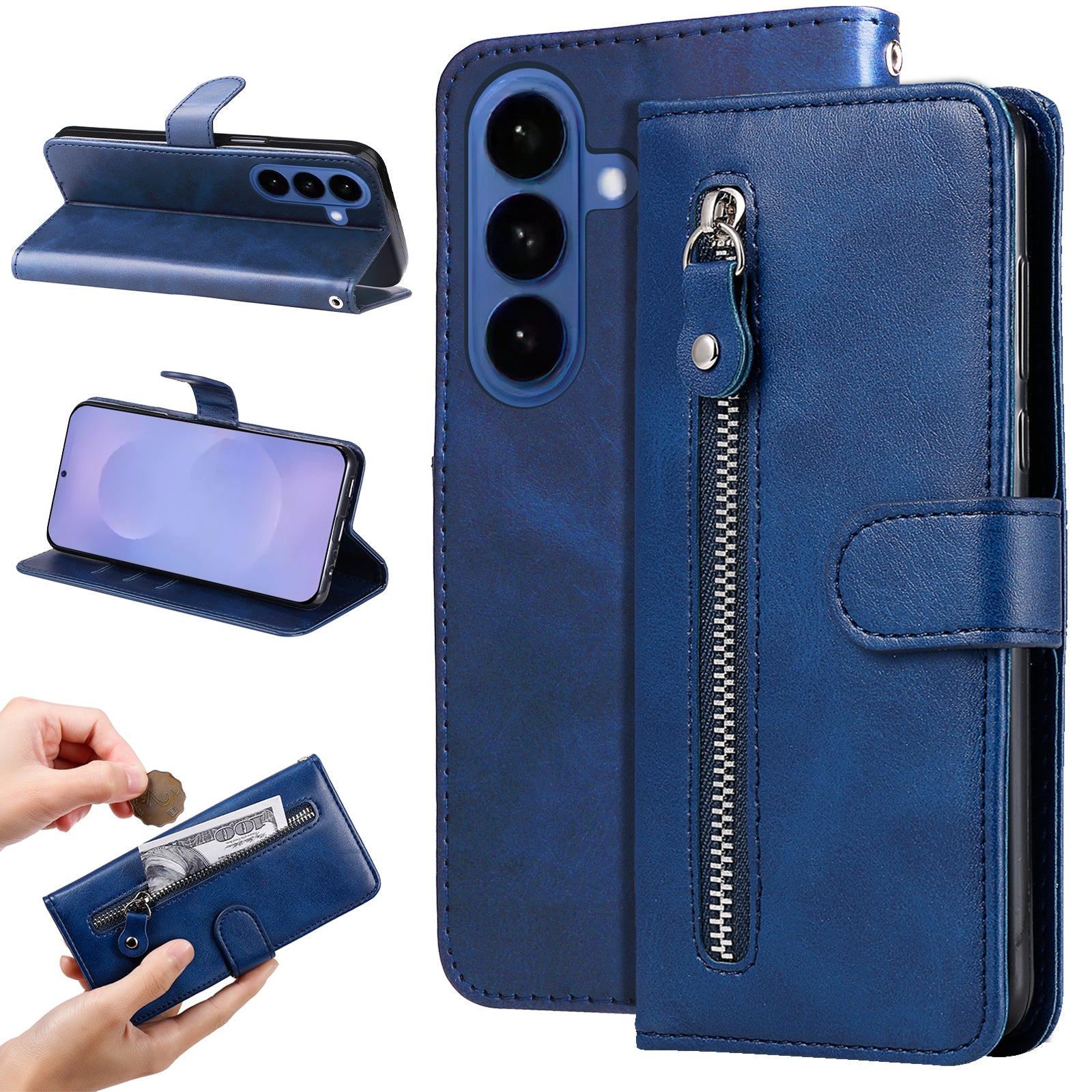 For-Samsung-Galaxy-S26-/-S26-Pro-PU-Leather-Cases-with-Zipper-Pocket-Wallet-Phone-Cover-Stand-Blue