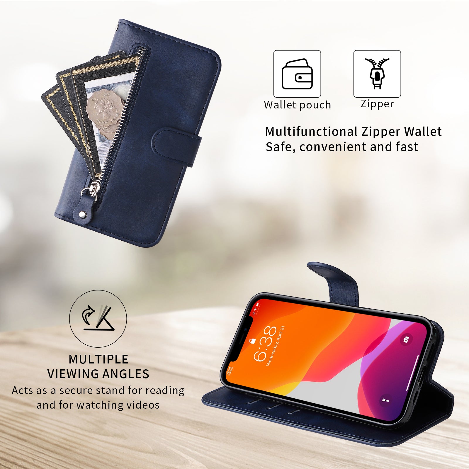 For-Samsung-Galaxy-S26-/-S26-Pro-PU-Leather-Cases-with-Zipper-Pocket-Wallet-Phone-Cover-Stand-Blue