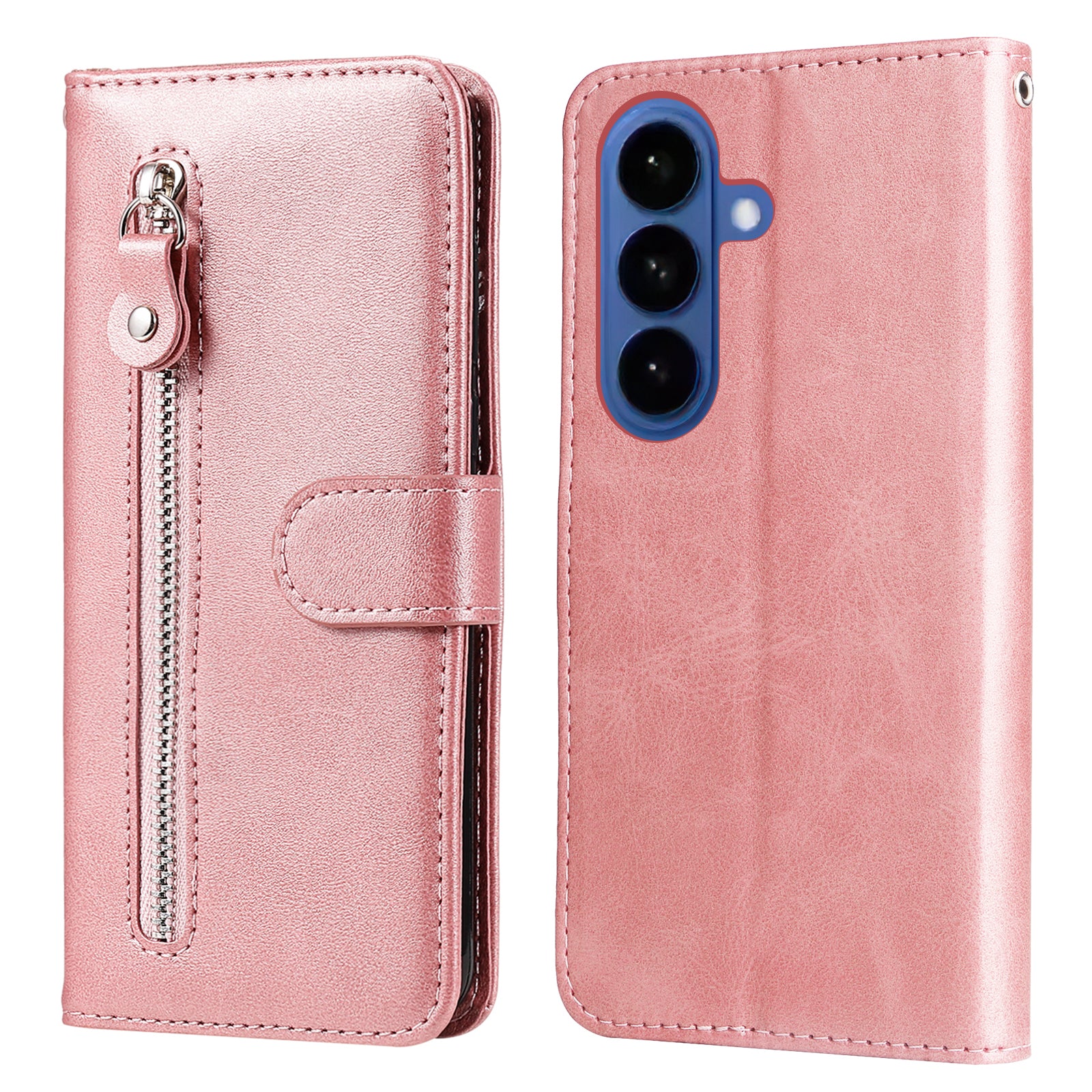 For-Samsung-Galaxy-S26-/-S26-Pro-PU-Leather-Cases-with-Zipper-Pocket-Wallet-Phone-Cover-Stand-Pink