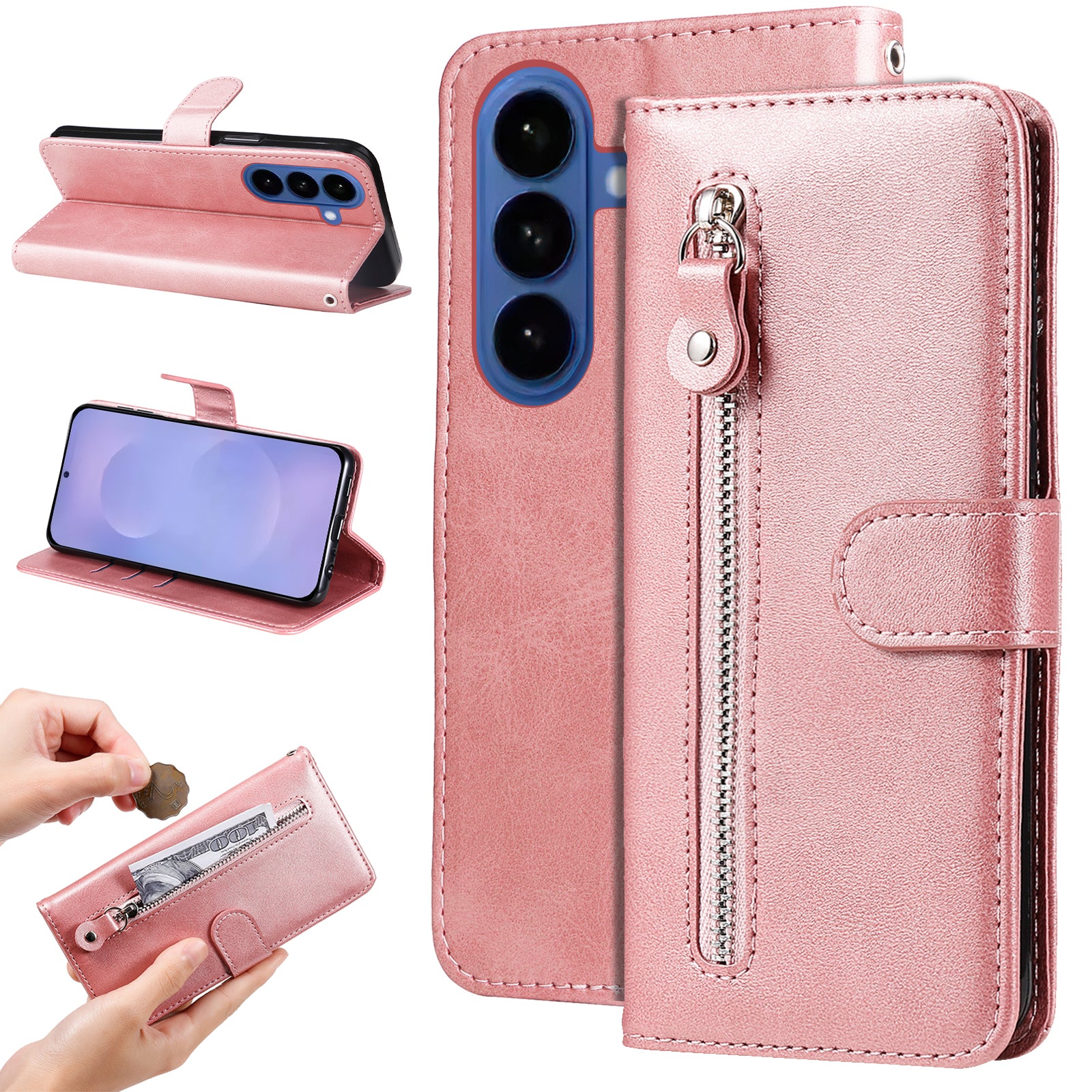 For-Samsung-Galaxy-S26-/-S26-Pro-PU-Leather-Cases-with-Zipper-Pocket-Wallet-Phone-Cover-Stand-Pink