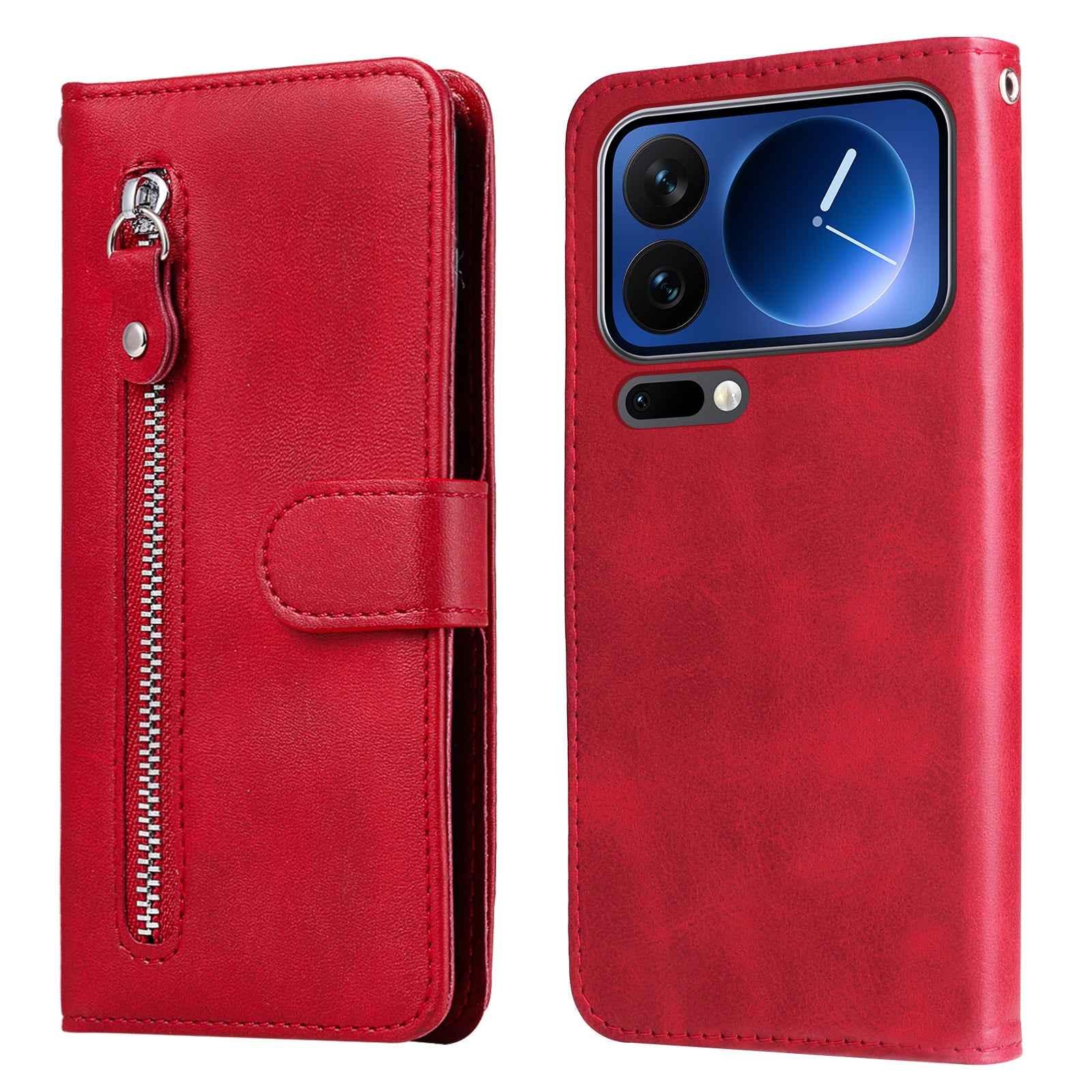 For Xiaomi 17 Pro PU Leather Cases with Zipper Pocket Wallet Phone Cover Stand - Red