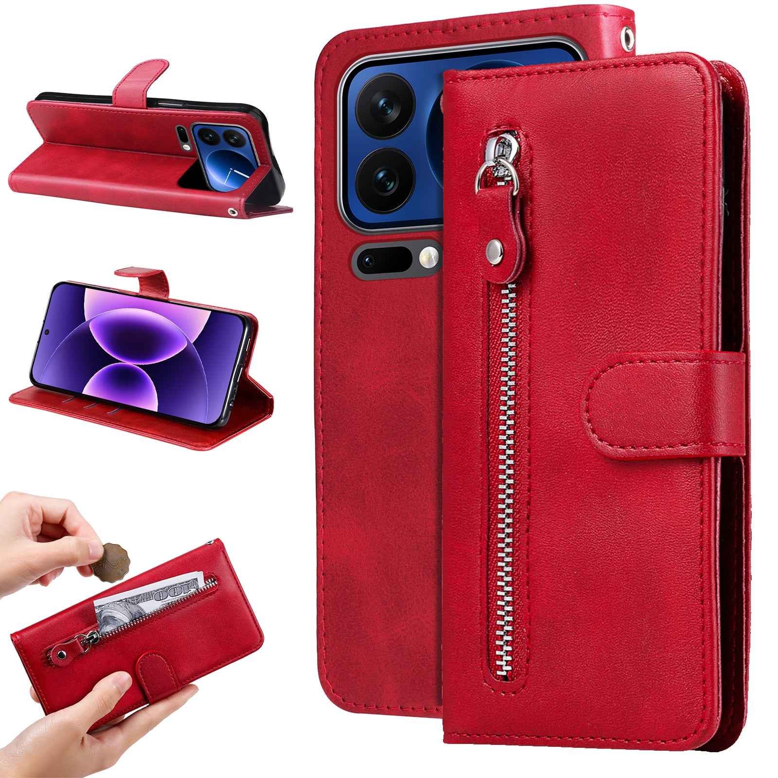 For Xiaomi 17 Pro PU Leather Cases with Zipper Pocket Wallet Phone Cover Stand - Red