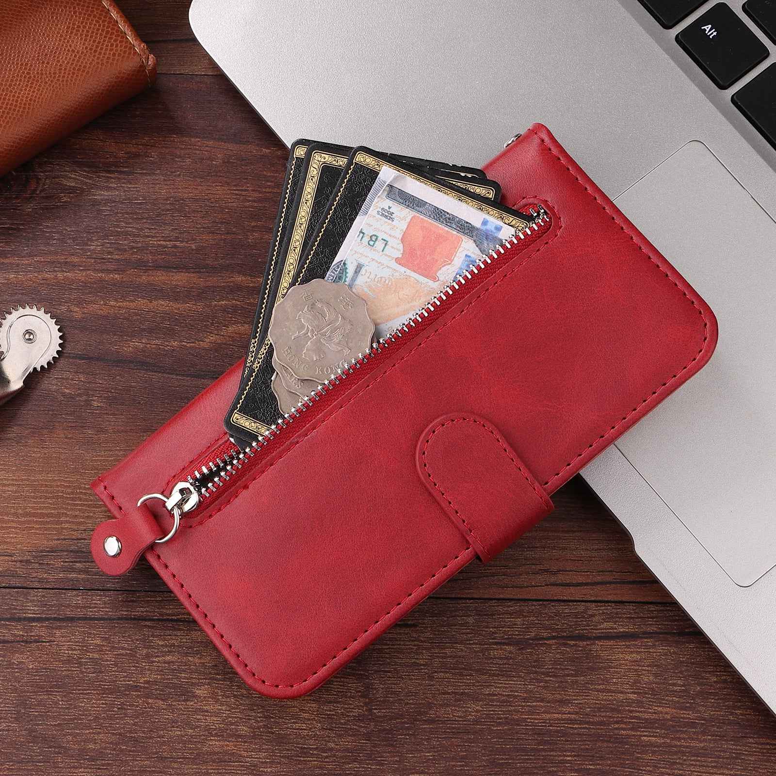 For Xiaomi 17 Pro PU Leather Cases with Zipper Pocket Wallet Phone Cover Stand - Red