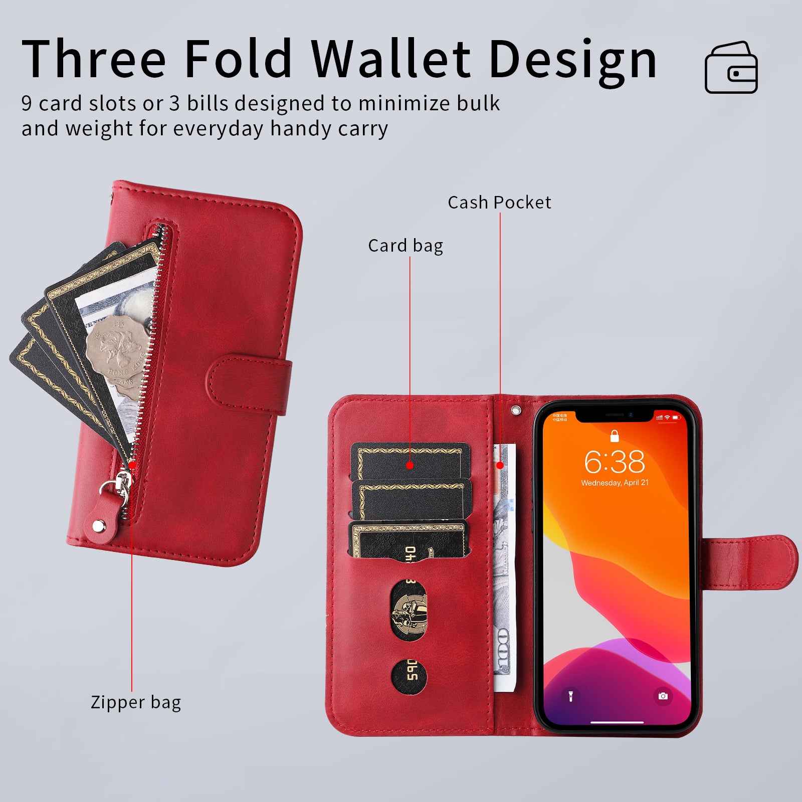 For Xiaomi 17 Pro PU Leather Cases with Zipper Pocket Wallet Phone Cover Stand - Red