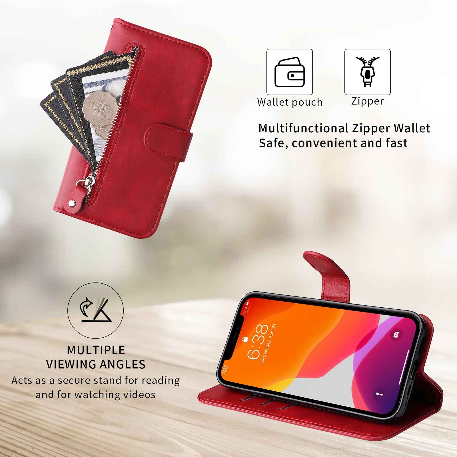 For Xiaomi 17 Pro PU Leather Cases with Zipper Pocket Wallet Phone Cover Stand - Red