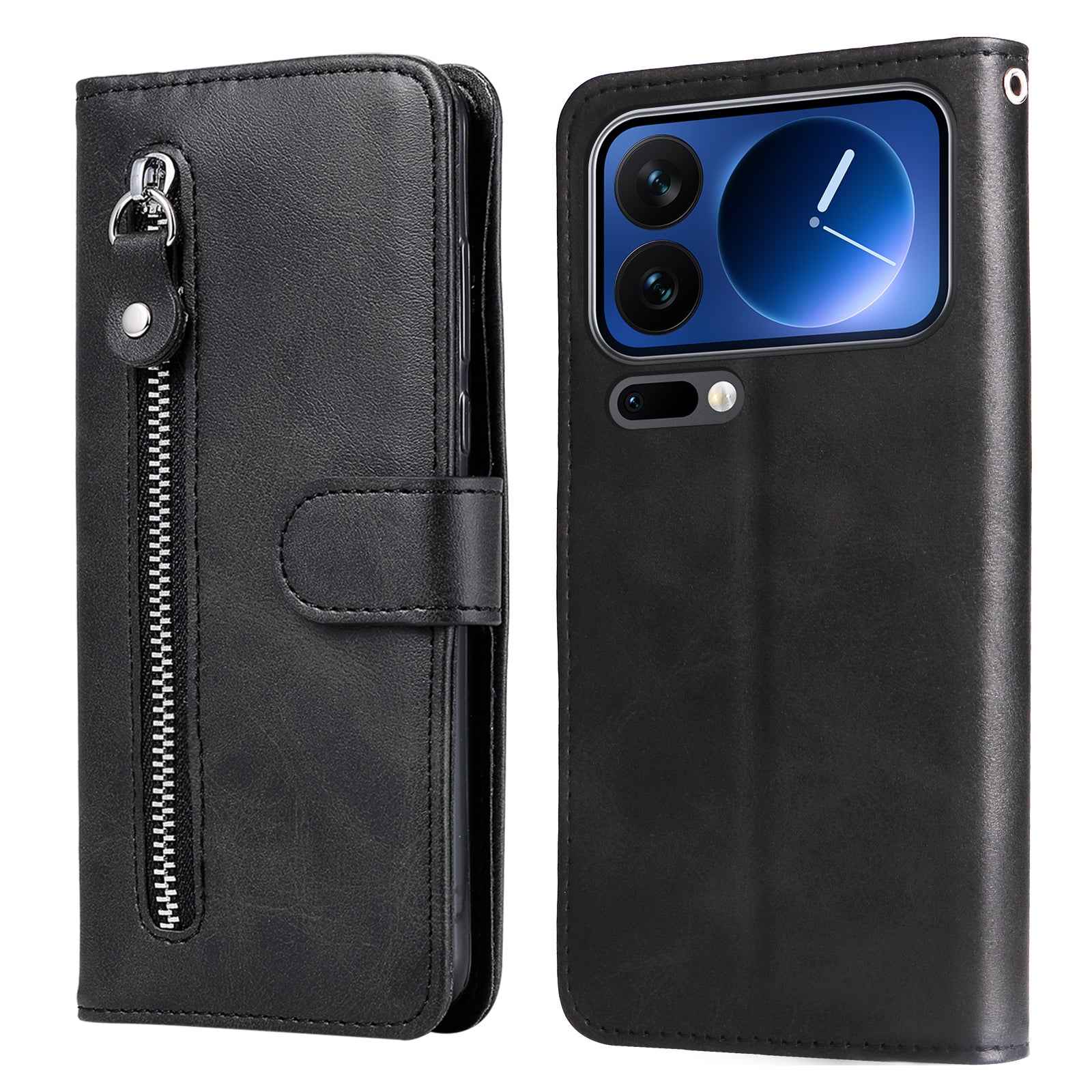 For Xiaomi 17 Pro PU Leather Cases with Zipper Pocket Wallet Phone Cover Stand - Black