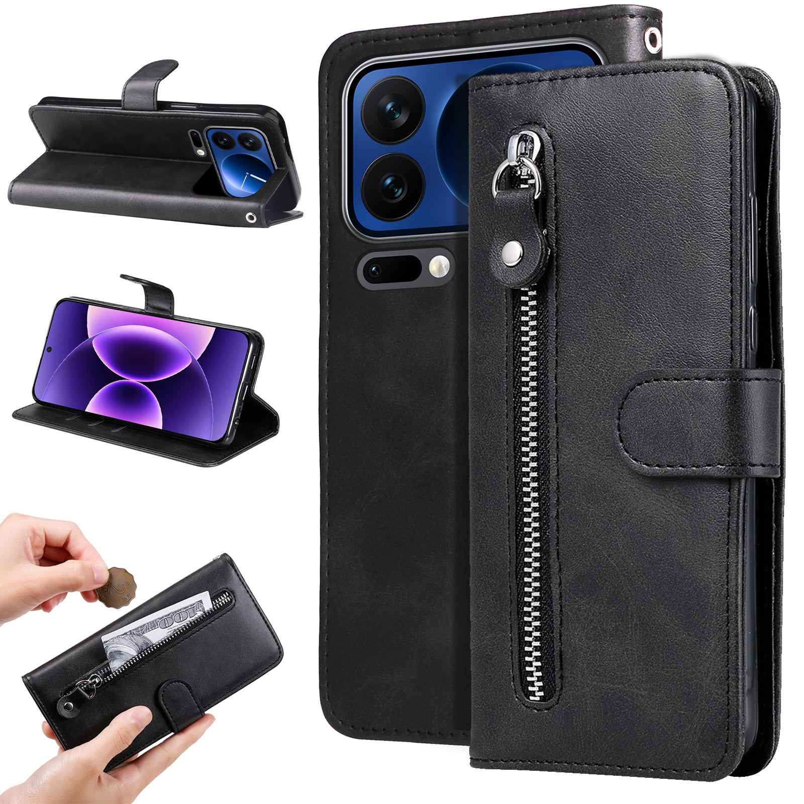 For Xiaomi 17 Pro PU Leather Cases with Zipper Pocket Wallet Phone Cover Stand - Black