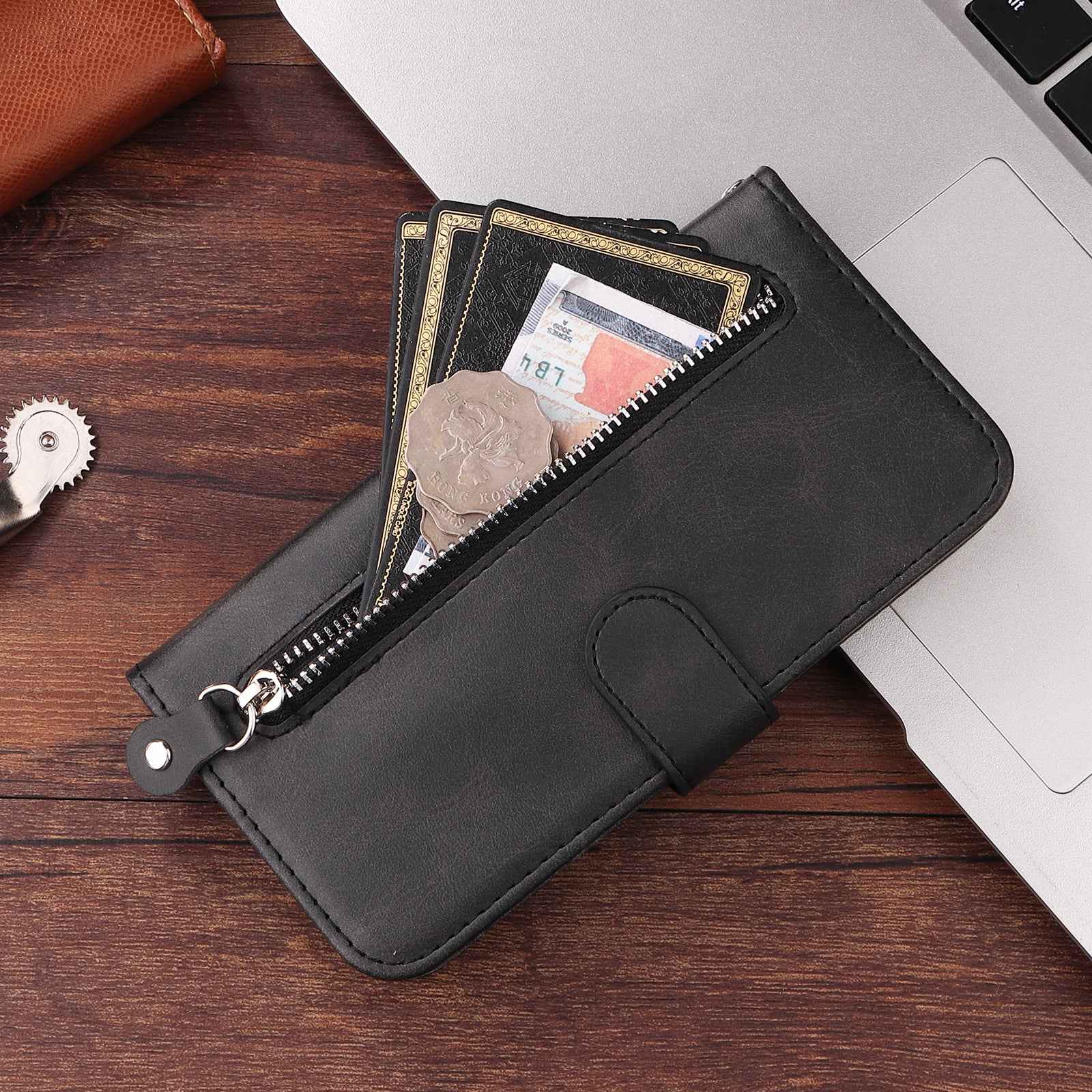 For Xiaomi 17 Pro PU Leather Cases with Zipper Pocket Wallet Phone Cover Stand - Black