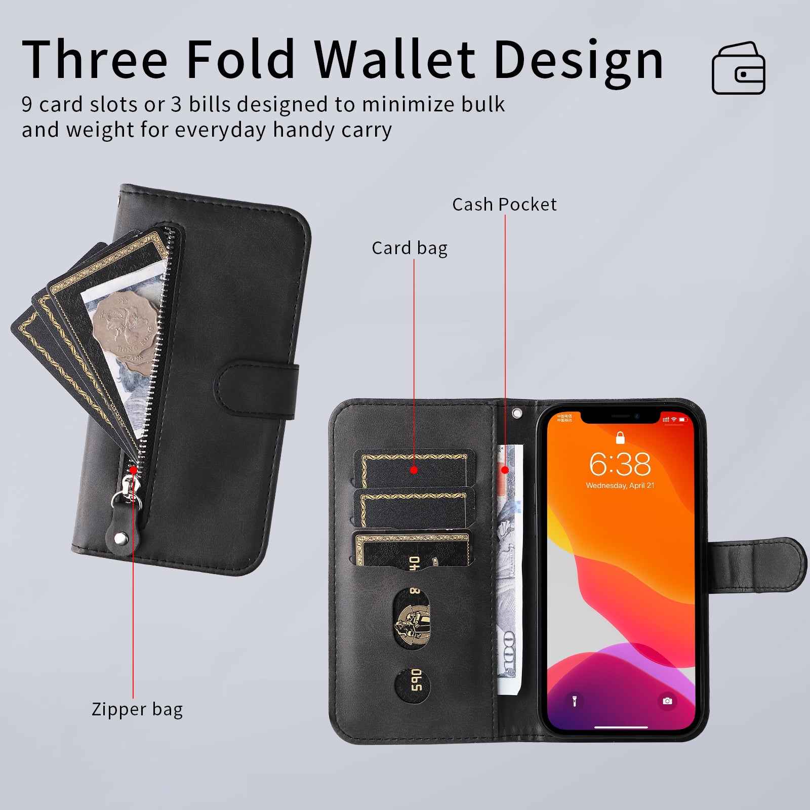 For Xiaomi 17 Pro PU Leather Cases with Zipper Pocket Wallet Phone Cover Stand - Black