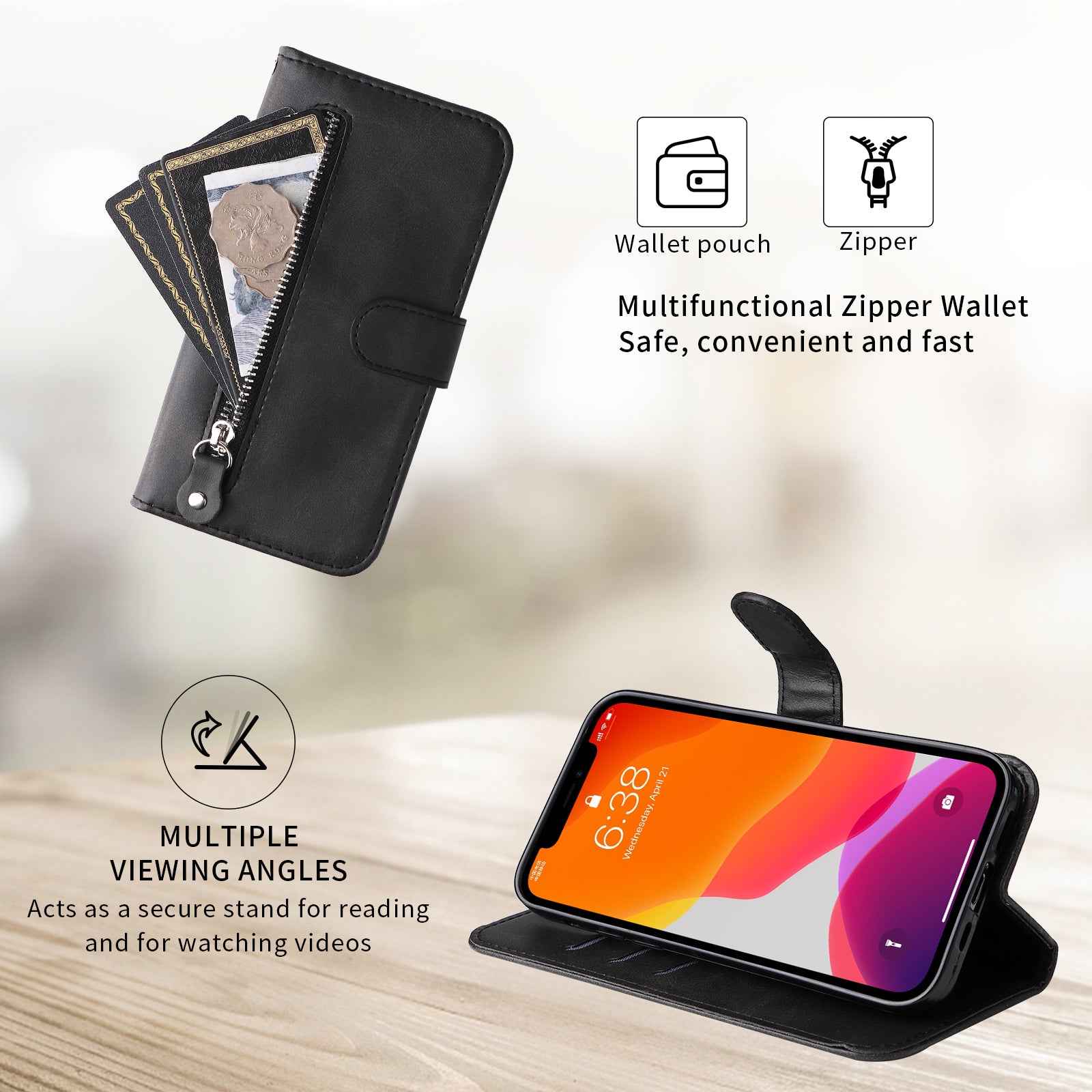For Xiaomi 17 Pro PU Leather Cases with Zipper Pocket Wallet Phone Cover Stand - Black