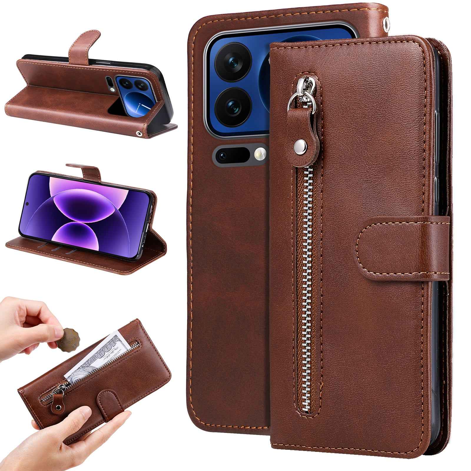 For Xiaomi 17 Pro PU Leather Cases with Zipper Pocket Wallet Phone Cover Stand - Brown