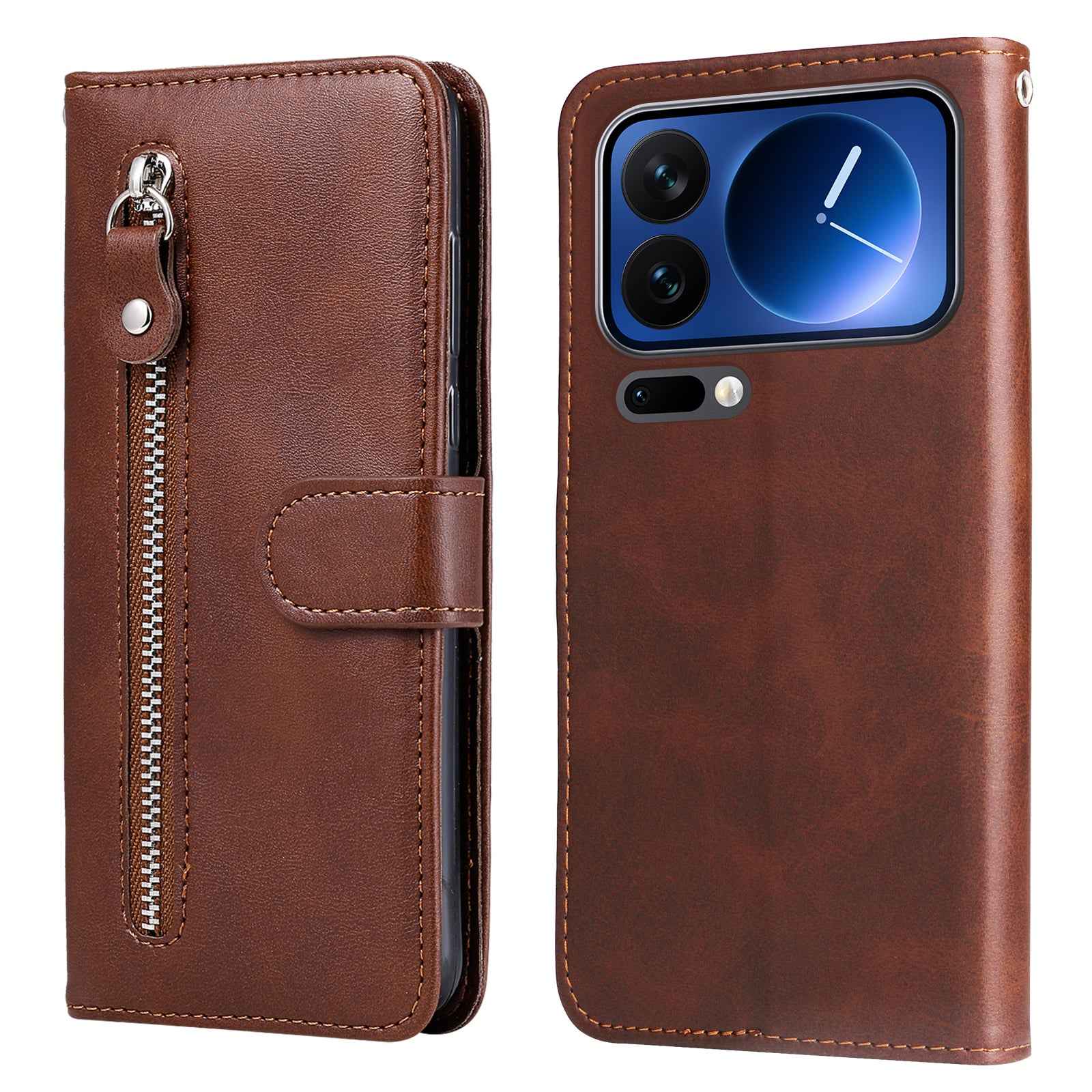 For Xiaomi 17 Pro PU Leather Cases with Zipper Pocket Wallet Phone Cover Stand - Brown