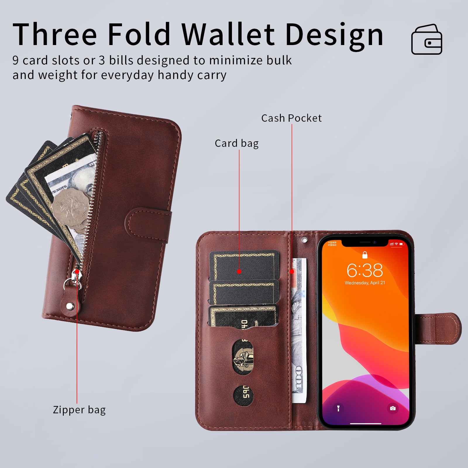 For Xiaomi 17 Pro PU Leather Cases with Zipper Pocket Wallet Phone Cover Stand - Brown