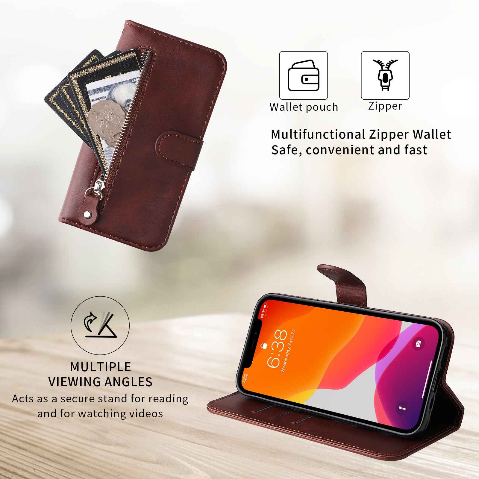 For Xiaomi 17 Pro PU Leather Cases with Zipper Pocket Wallet Phone Cover Stand - Brown