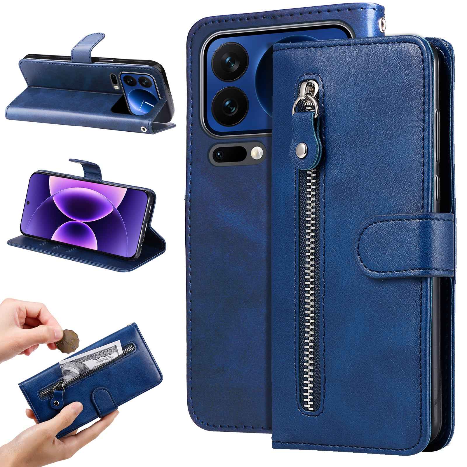 For Xiaomi 17 Pro PU Leather Cases with Zipper Pocket Wallet Phone Cover Stand - Blue