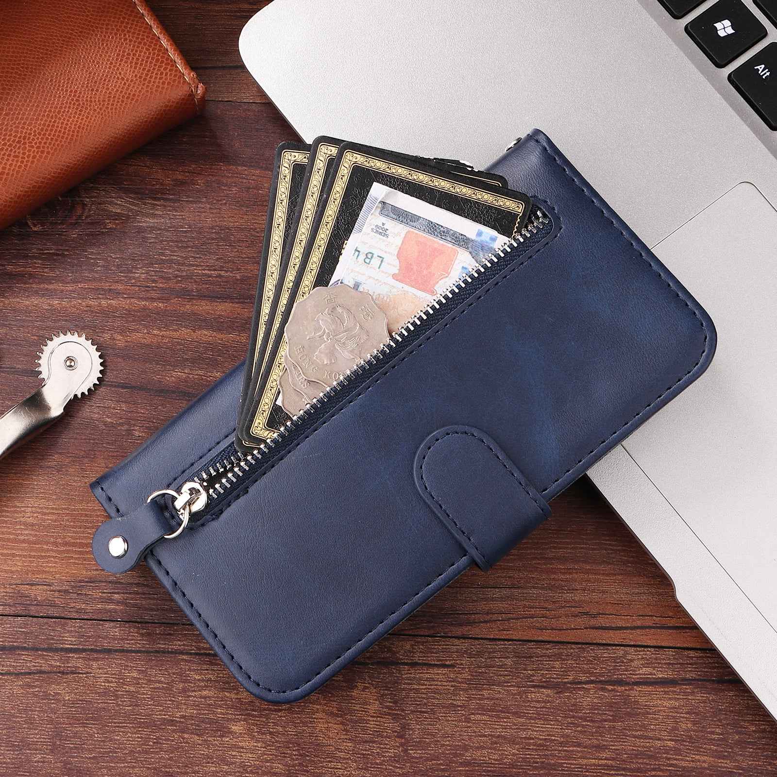 For Xiaomi 17 Pro PU Leather Cases with Zipper Pocket Wallet Phone Cover Stand - Blue