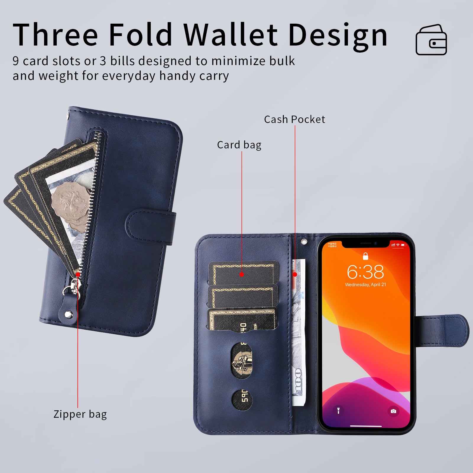 For Xiaomi 17 Pro PU Leather Cases with Zipper Pocket Wallet Phone Cover Stand - Blue