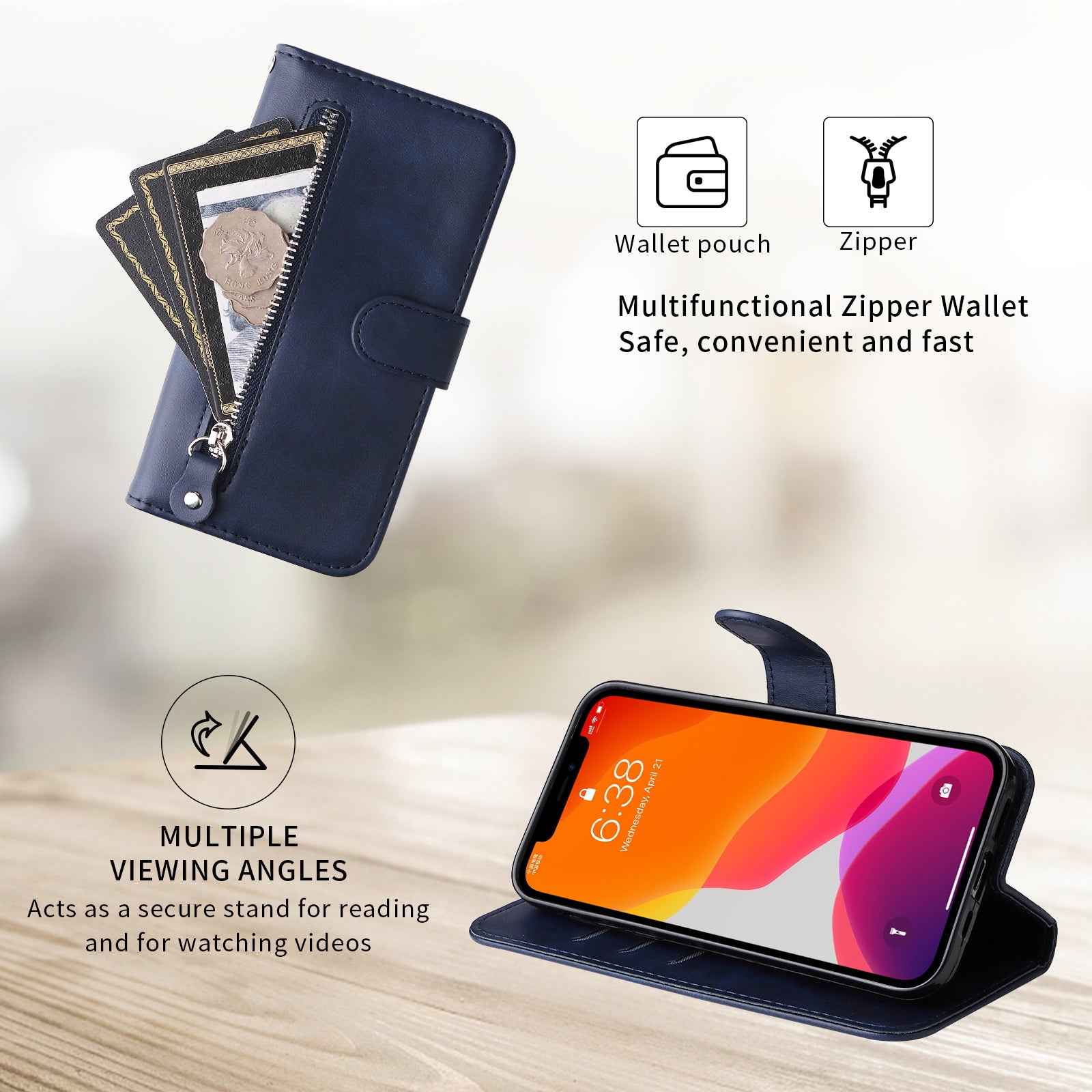 For Xiaomi 17 Pro PU Leather Cases with Zipper Pocket Wallet Phone Cover Stand - Blue