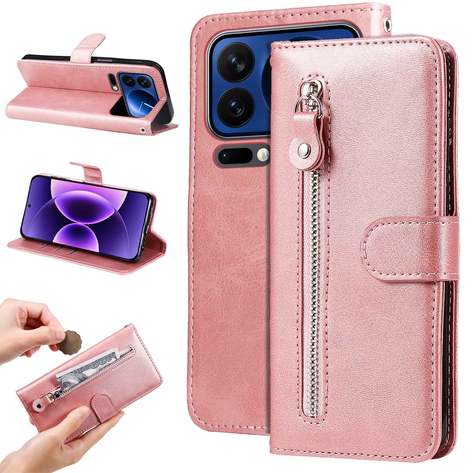 For Xiaomi 17 Pro PU Leather Cases with Zipper Pocket Wallet Phone Cover Stand - Pink