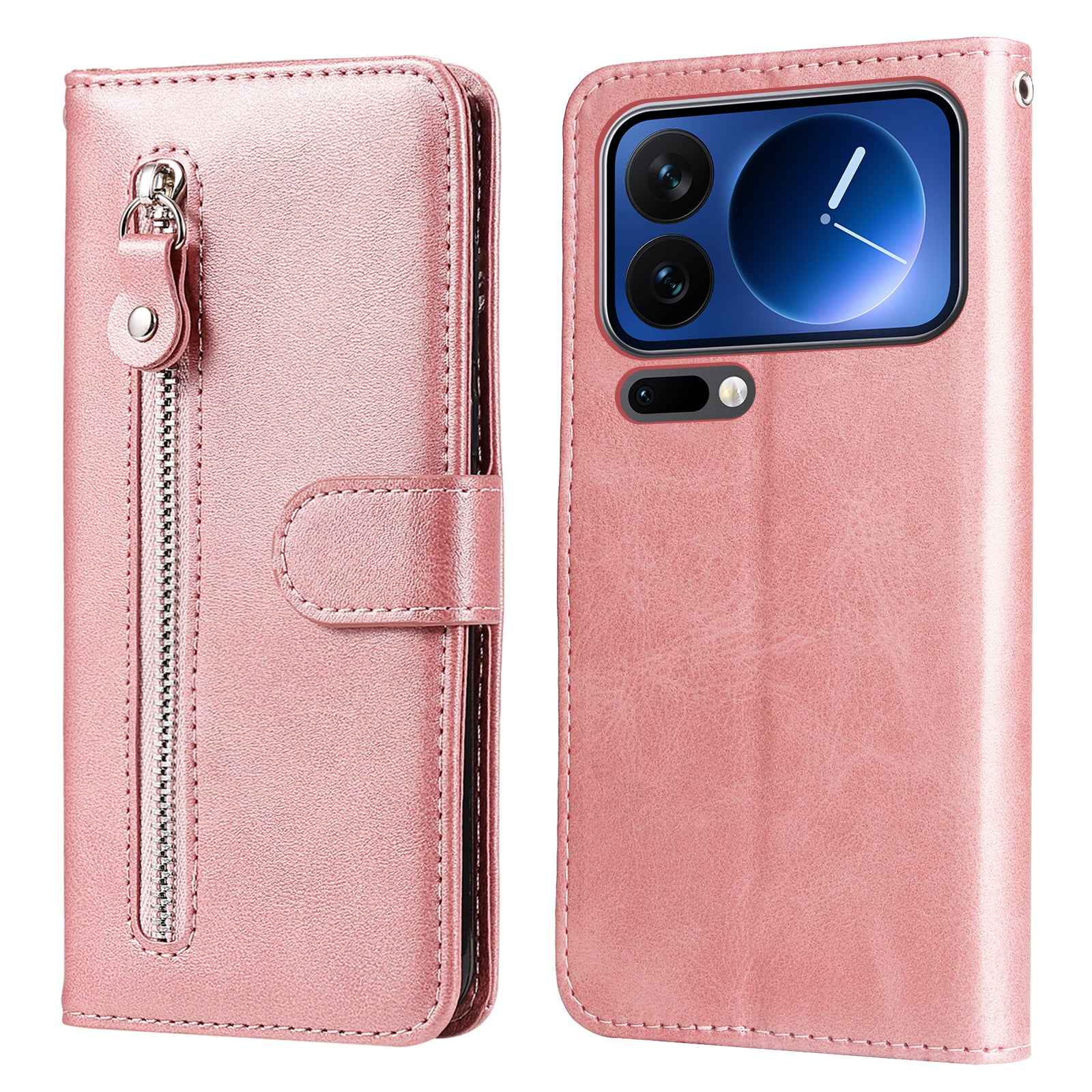 For Xiaomi 17 Pro PU Leather Cases with Zipper Pocket Wallet Phone Cover Stand - Pink