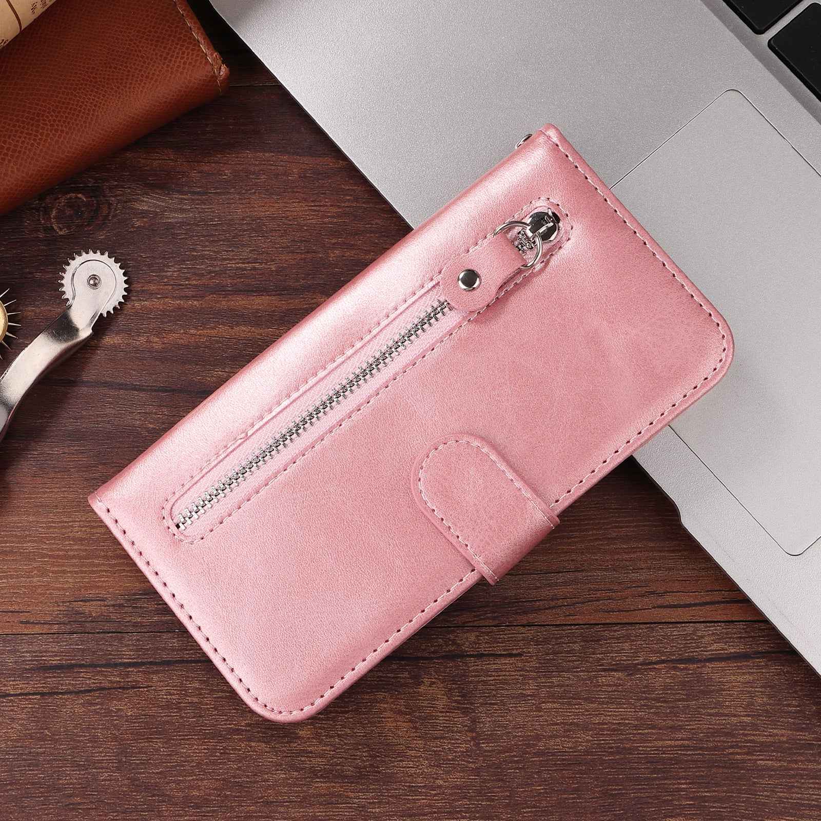 For Xiaomi 17 Pro PU Leather Cases with Zipper Pocket Wallet Phone Cover Stand - Pink