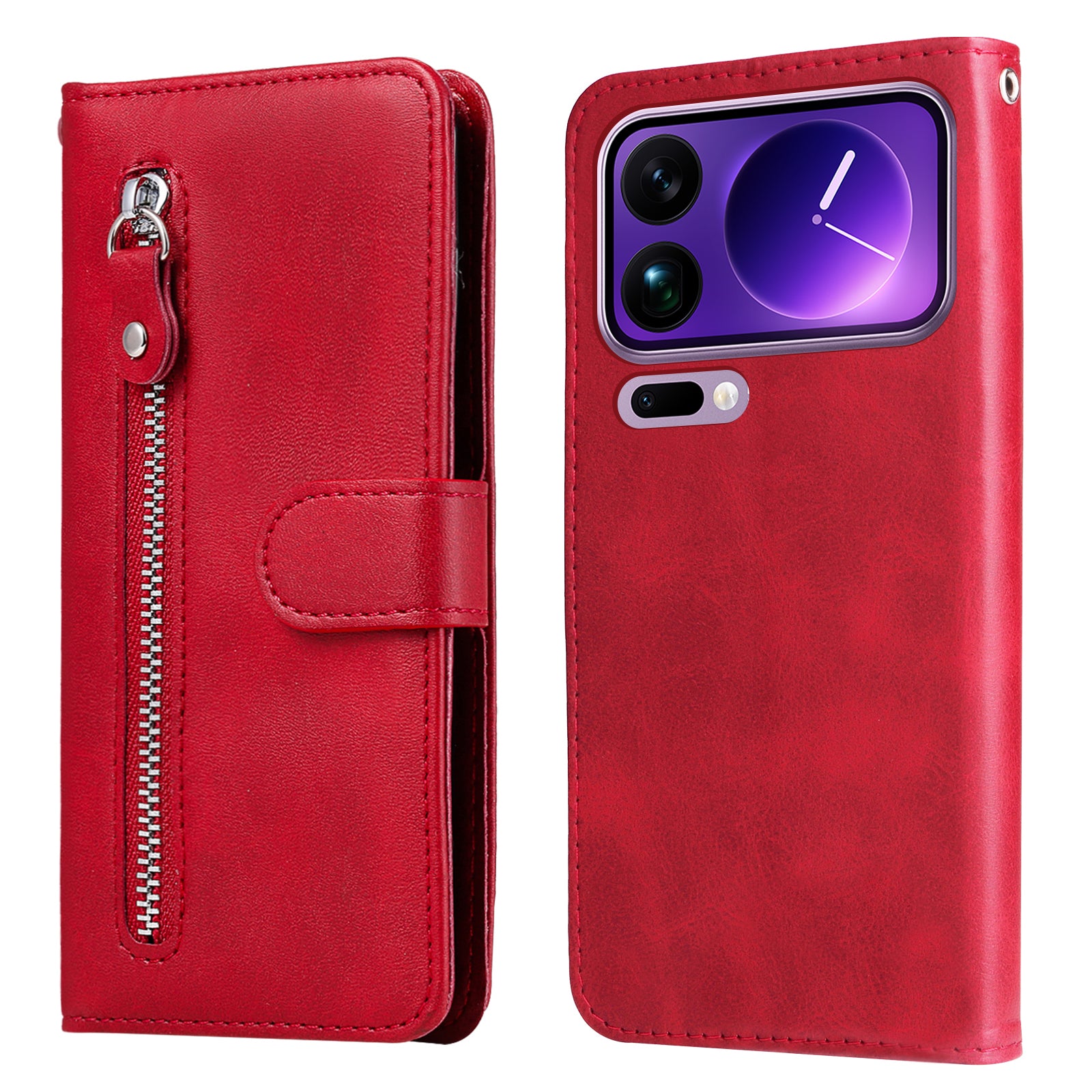 For Xiaomi 17 Pro Max PU Leather Cases with Zipper Pocket Wallet Phone Cover Stand - Red