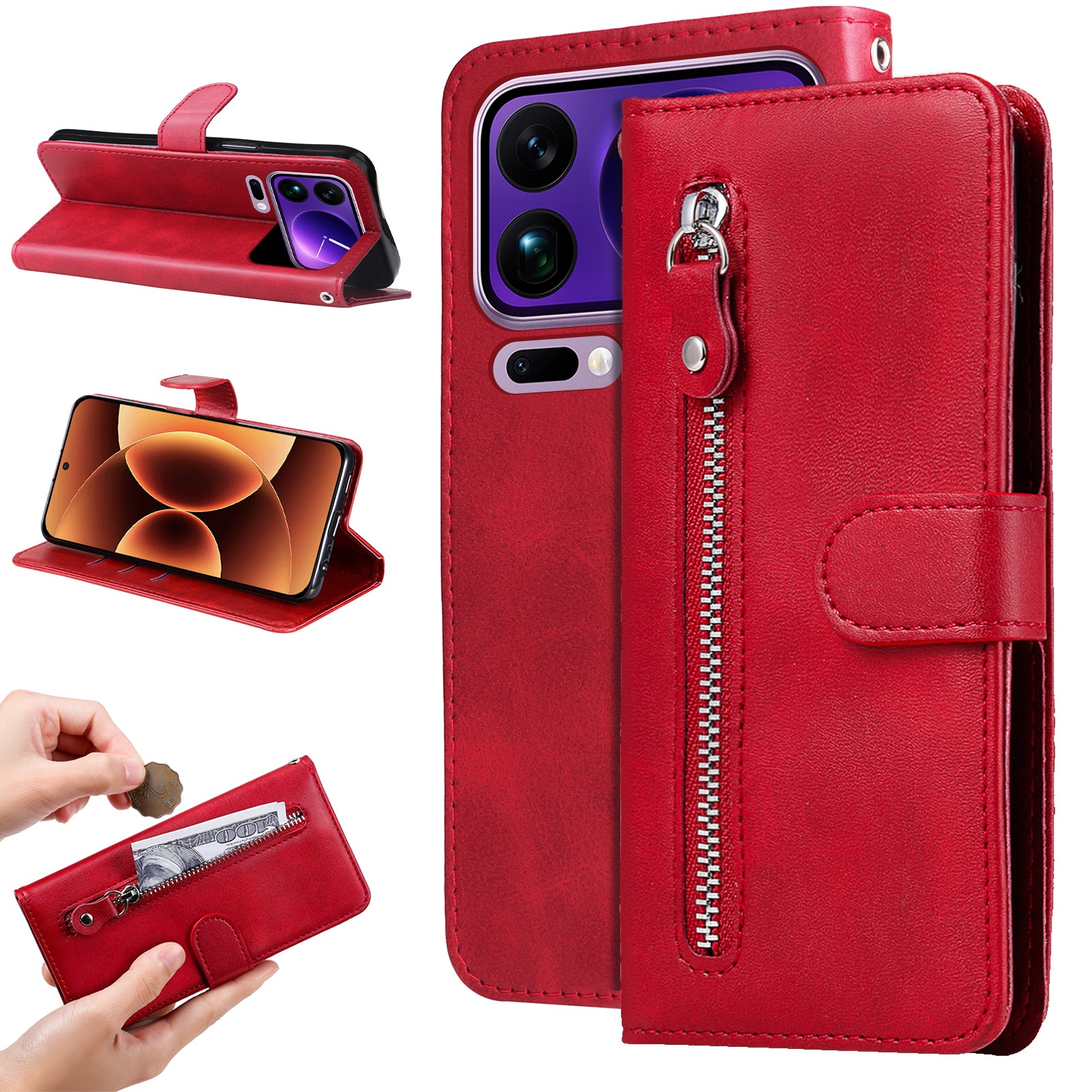 For Xiaomi 17 Pro Max PU Leather Cases with Zipper Pocket Wallet Phone Cover Stand - Red