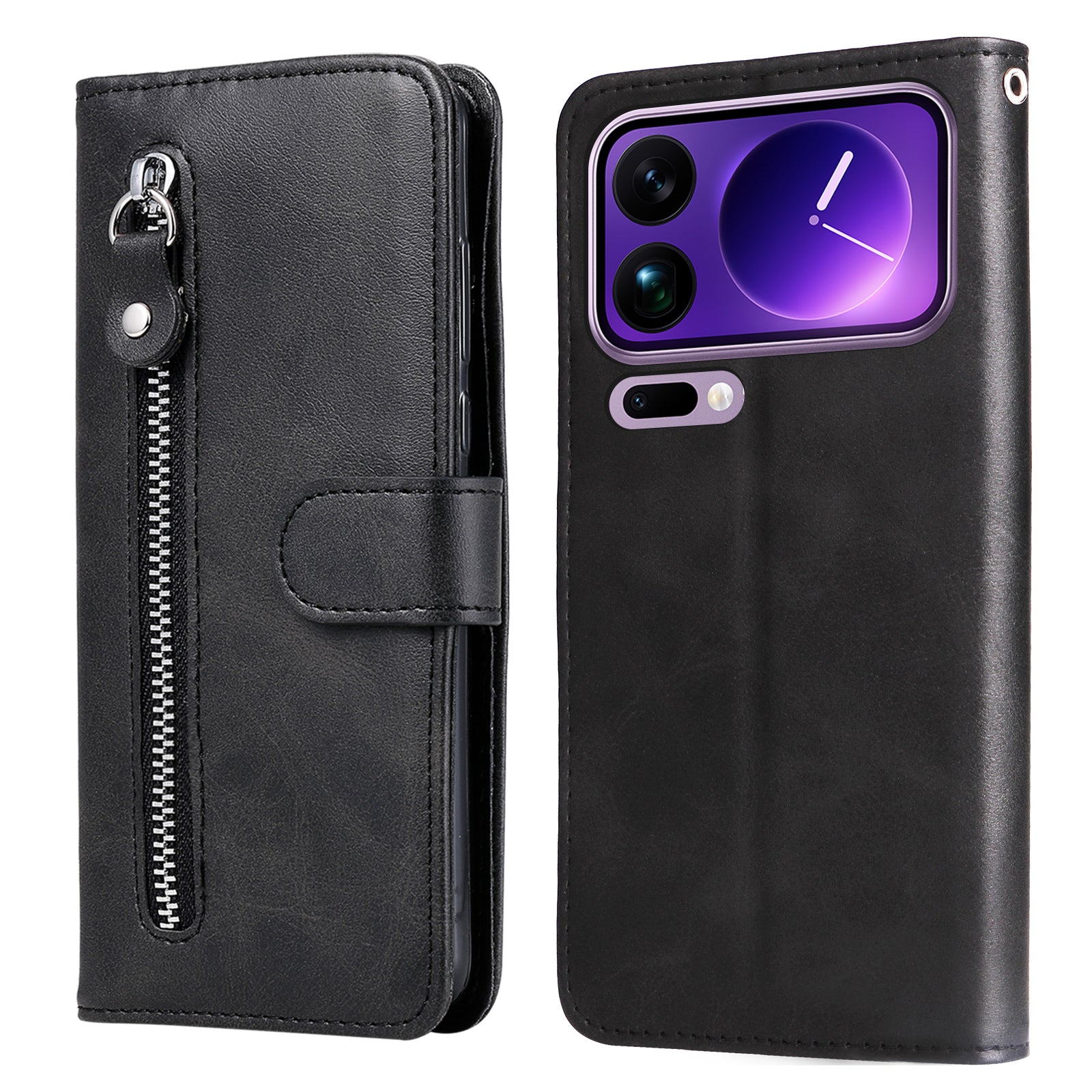 For Xiaomi 17 Pro Max PU Leather Cases with Zipper Pocket Wallet Phone Cover Stand - Black