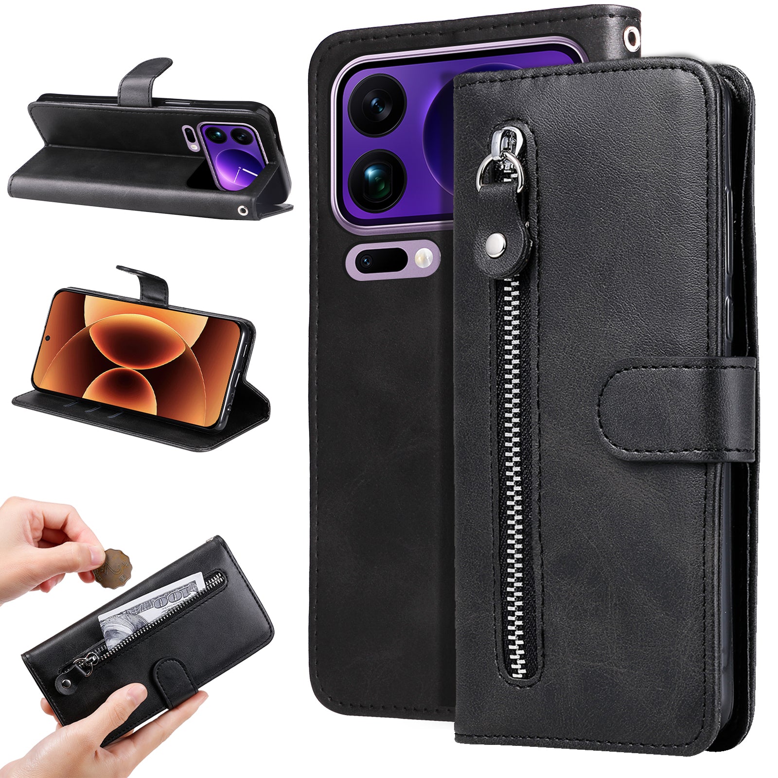 For Xiaomi 17 Pro Max PU Leather Cases with Zipper Pocket Wallet Phone Cover Stand - Black